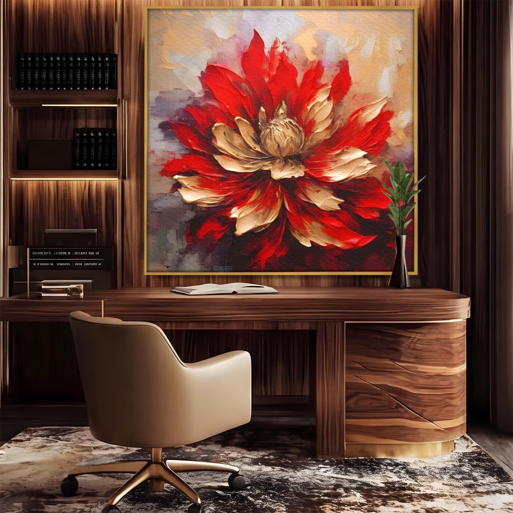 Tablou canvas cu pictura cu o floare rosie si aurie in relief, in rama de aluminiu auriu, pe perete intr-un birou